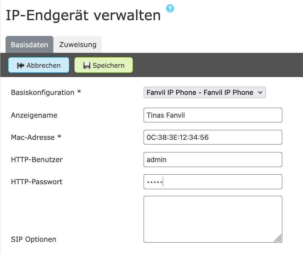 Neues Fanvil Endgerät einrichten
