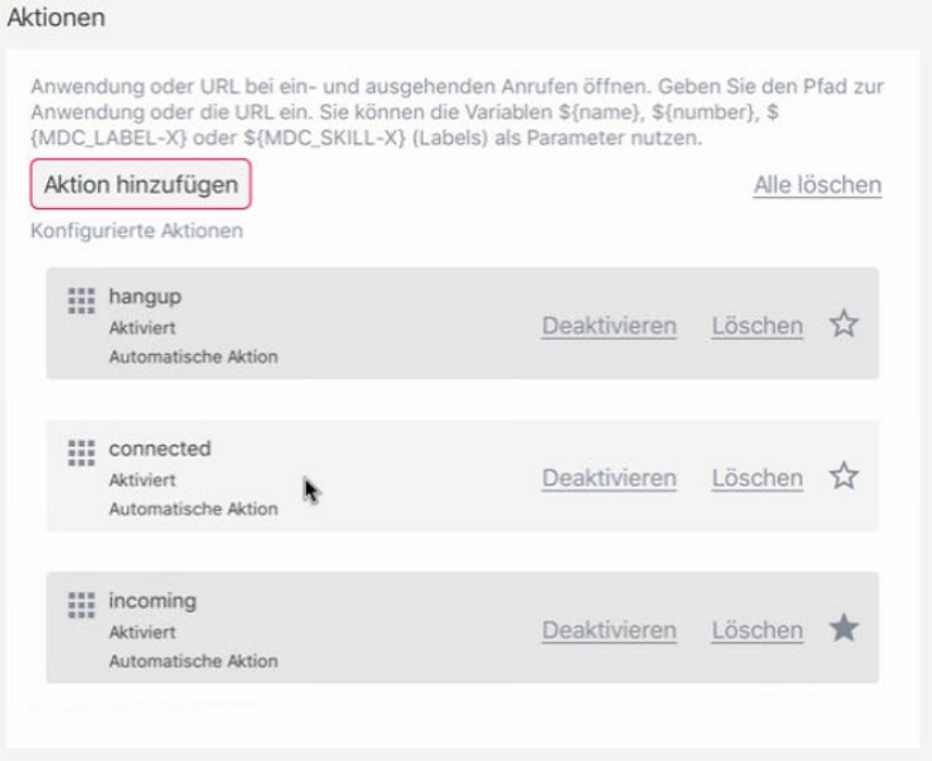 Übersicht Aktionen in der PASCOM App