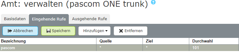 PASCOM Cloud Default Rufregel für eingehende Gespräche