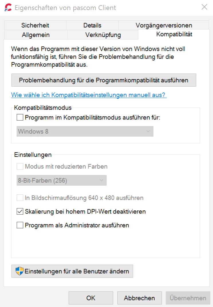 Hohe DPI Einstellungen ändern